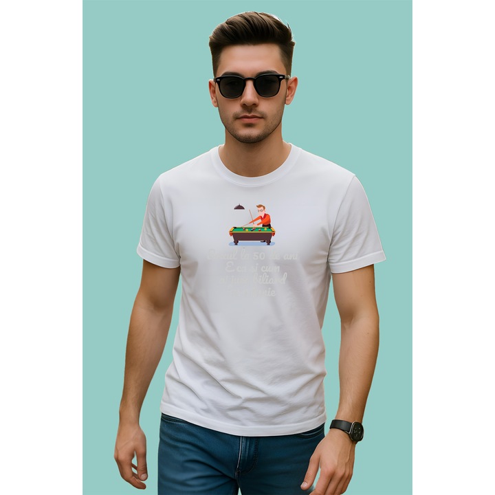 Tricou Sexul La 50 De Ani E Ca Si Cum Ai Juca Biliard Cu O Funie, Barbat, 100% Bumbac, Cri-Flo, Cadou Aniversare Evenimente, Culoare Alb, Marime S