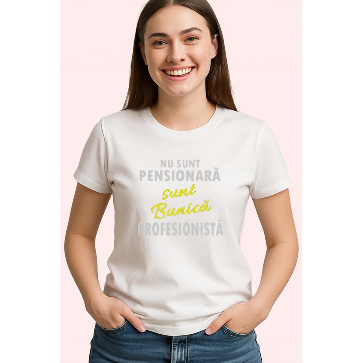Tricou Bunica Profesionista Mesaj, Dama, 100% Bumbac, Cri-Flo, Cadou Aniversare Evenimente, Culoare Alb, Marime XS