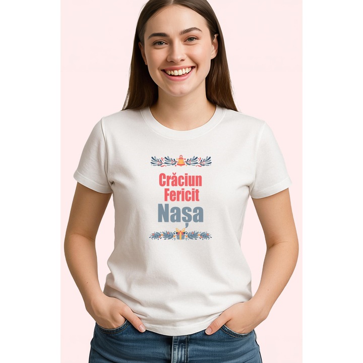 Tricou Craciun Fericit Nasa Cadou Albastru, Dama, 100% Bumbac, Cri-Flo, Cadou Aniversare Evenimente, Culoare Alb, Marime XS