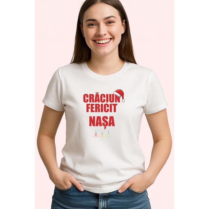 Tricou Craciun Fericit Nasa Model Verde, Dama, 100% Bumbac, Cri-Flo, Cadou Aniversare Evenimente, Culoare Alb, Marime S