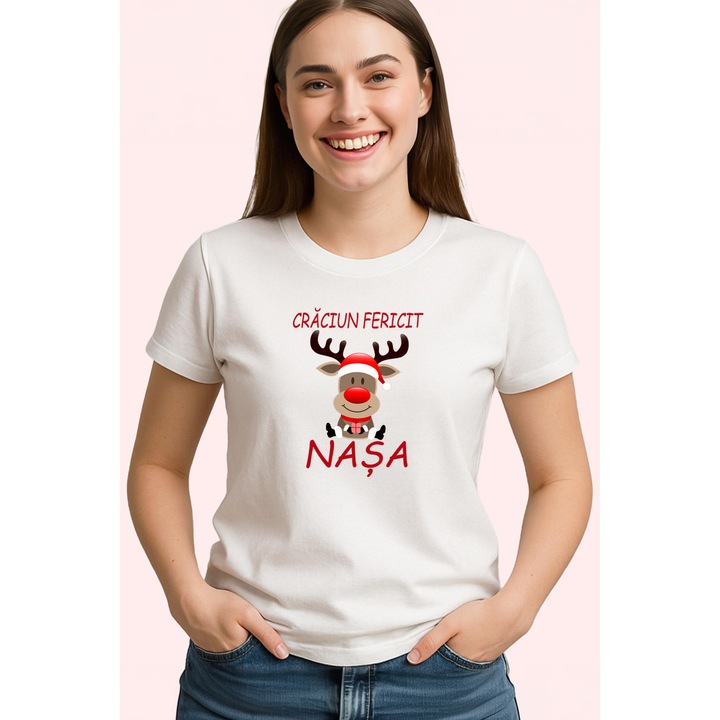Tricou Craciun Fericit Nasa Ren, Dama, 100% Bumbac, Cri-Flo, Cadou Aniversare Evenimente, Culoare Alb, Marime XS