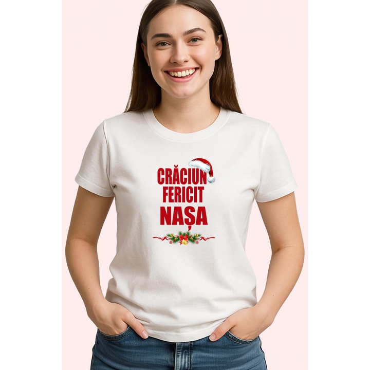 Tricou Craciun Fericit Nasa Decor, Dama, 100% Bumbac, Cri-Flo, Cadou Aniversare Evenimente, Culoare Alb, Marime 2XL