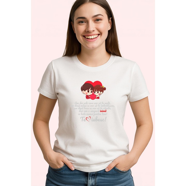 Tricou Perna Indragostiti Cu Mesaj Am Doi Ochi Care Vor Sa Te Vada, Dama, 100% Bumbac, Cri-Flo, Cadou Aniversare Evenimente, Culoare Alb, Marime XS