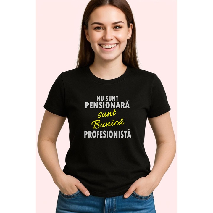 Tricou Bunica Profesionista Mesaj, Dama, 100% Bumbac, Cri-Flo, Cadou Aniversare Evenimente, Culoare Negru, Marime L