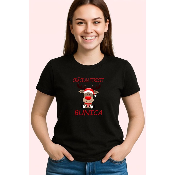 Tricou Craciun Fericit Bunica Ren, Dama, 100% Bumbac, Cri-Flo, Cadou Aniversare Evenimente, Culoare Negru, Marime L