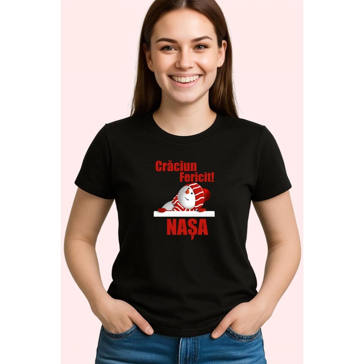 Tricou Craciun Fericit Nasa Model Trei, Dama, 100% Bumbac, Cri-Flo, Cadou Aniversare Evenimente, Culoare Negru, Marime M