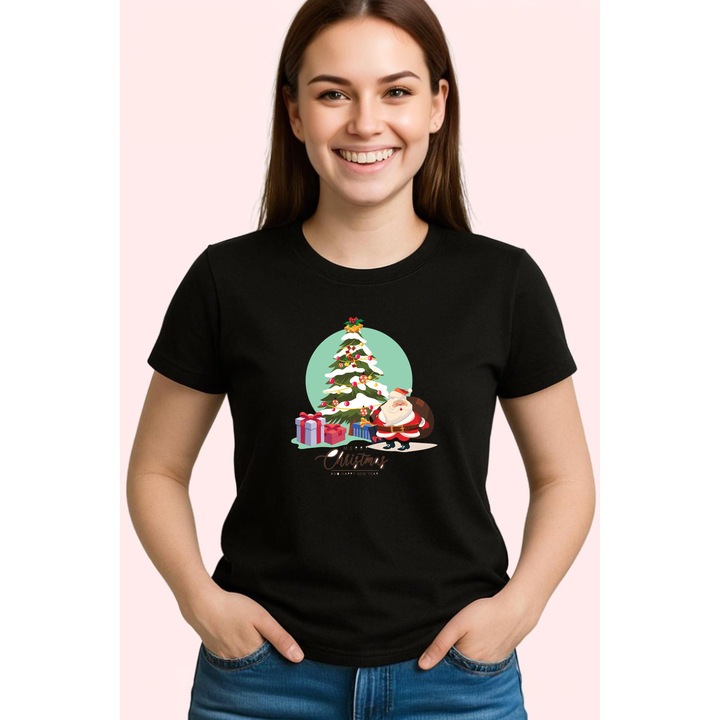 Tricou Craciun Brad Cadouri, Dama, 100% Bumbac, Cri-Flo, Cadou Aniversare Evenimente, Culoare Negru, Marime XS