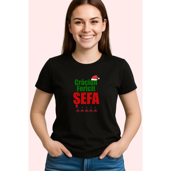 Tricou Craciun Fericit Sefa Verde, Dama, 100% Bumbac, Cri-Flo, Cadou Aniversare Evenimente, Culoare Negru, Marime 2XL