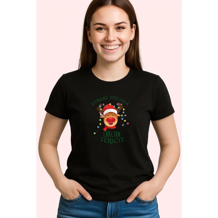 Tricou Livrare Speciala Ren Craciun, Dama, 100% Bumbac, Cri-Flo, Cadou Aniversare Evenimente, Culoare Negru, Marime XL