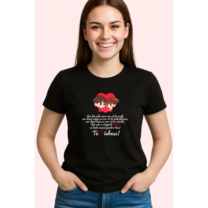 Tricou Perna Indragostiti Cu Mesaj Am Doi Ochi Care Vor Sa Te Vada, Dama, 100% Bumbac, Cri-Flo, Cadou Aniversare Evenimente, Culoare Negru, Marime S