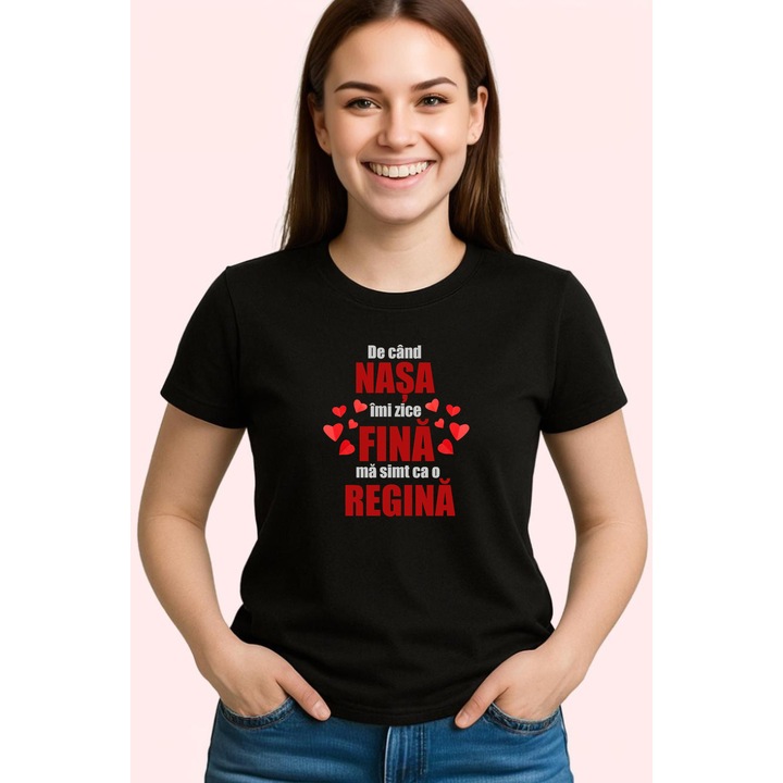 Tricou Vin Nasa Fina Mesaj Rosu, Dama, 100% Bumbac, Cri-Flo, Cadou Aniversare Evenimente, Culoare Negru, Marime XL