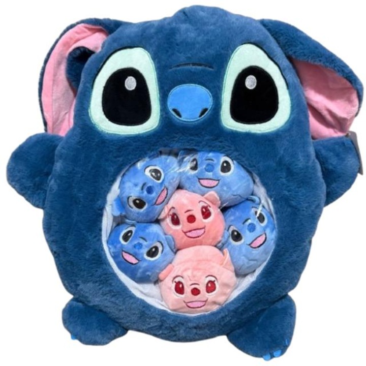 Perna Stitch Albastru, din Plus Moale, Jucarie cu 6 Puisori Mini Stitch, Albastru si Roz, 50 cm