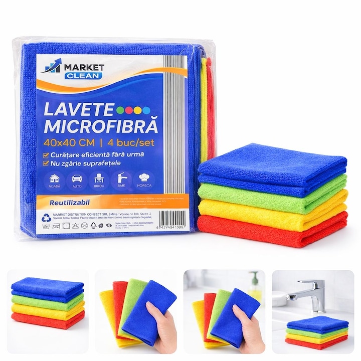 Lavete microfibra profesionale 40x40 cm, 200 GSM, lavete curatenie birou si suprafete sensibile, set 4 buc (ROSU, VERDE, GALBEN, ALBASTRU)
