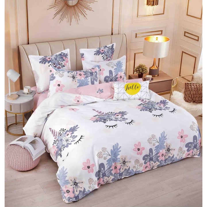 Lenjerie de pat dublu, 2 persoane, bumbac Finet, 6 Piese, Cearceaf de pat cu elastic 230x250 cm, Cearceaf pilota 200 x 230 cm, 2 fete de perna 70 x 70 cm, 2 fete de perna 50 x 70cm, MHR-1858