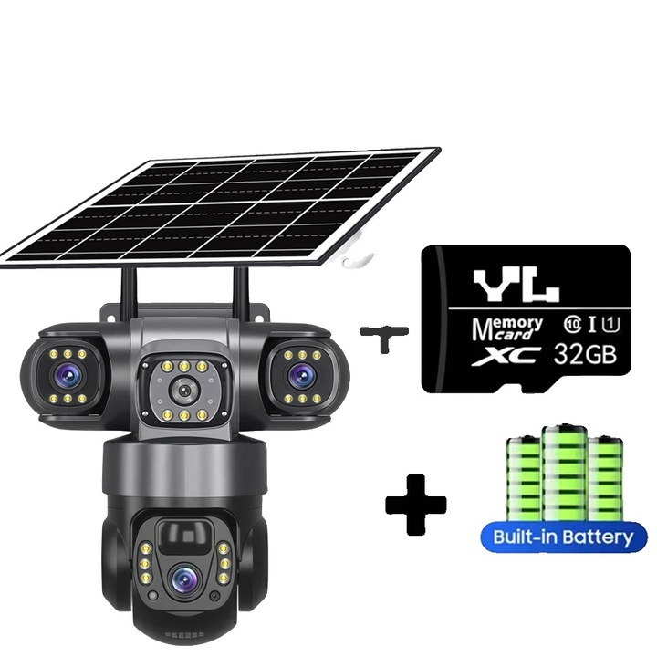 Camera de supraveghere WiFi, 15MP, doua cai audio, 32G card, design rezistent la intemperii, alimentare solara