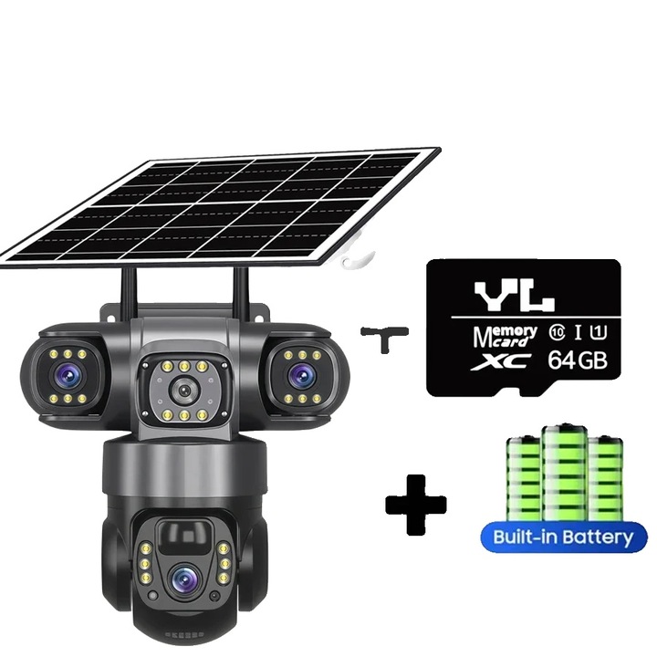 Camera de supraveghere WiFi, 15MP, 10x zoom, design rezistent la intemperii, set cu card de 64G