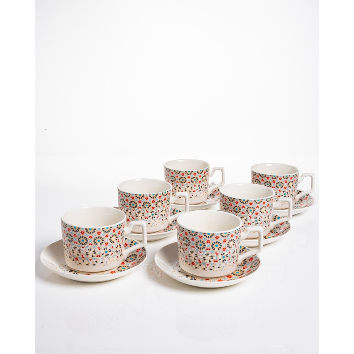 Set 6 cesti cafea Andalusia – portelan cu mozaic oriental, 12 piese cu farfurioare