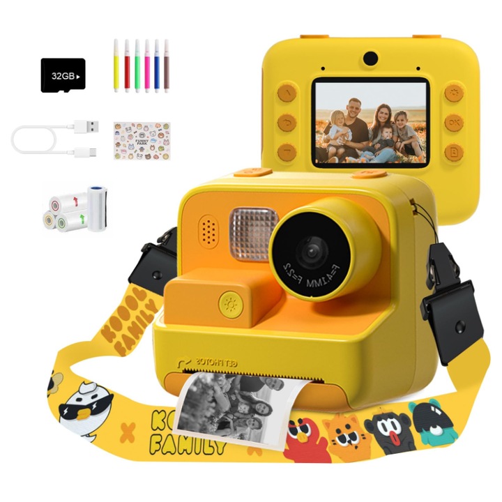 Gyermek fényképezőgép/videókamera azonnali nyomtatással, szelfi kamera, 2 hüvelykes IPS kijelző, 1080P videó, 16x zoom, 32 GB TF kártya, 1000 mAh, USB töltés, könnyen használható és hordozható, sárga