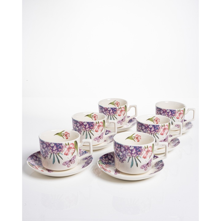 Set 6 cesti cafea Lilac – portelan floral cu hortensii si fluturi, 12 piese cu farfurioare