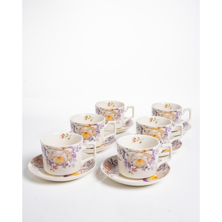 Set 6 cesti cafea Provence – portelan floral cu trandafiri si lavanda, 12 piese cu farfurioare