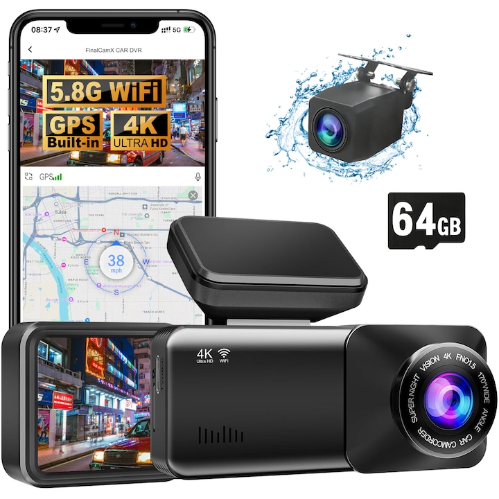 Camera Auto DVR iMICE, Camera de Bord, 4K Full HD, 2160P, Card 64Gb, Design Modern, GPS, WiFi, Inregistrare in Bucla, Camera Marsarier, Vedere Nocturna, Senzor de miscare, Negru