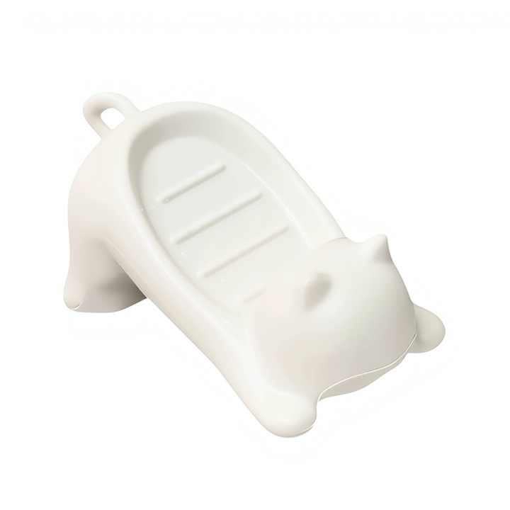 Suport pentru sapun, forma de pisoi design, cu scurgere, plastic, destinat bucatariei si toaletei, usor de curatat, Alb,16*9*8cm