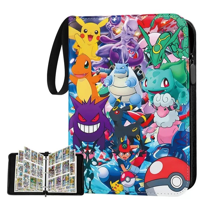 Album de carti Pokemon, 4 compartimente, 50 pagini, 400 sloturi pentru carti, material PU