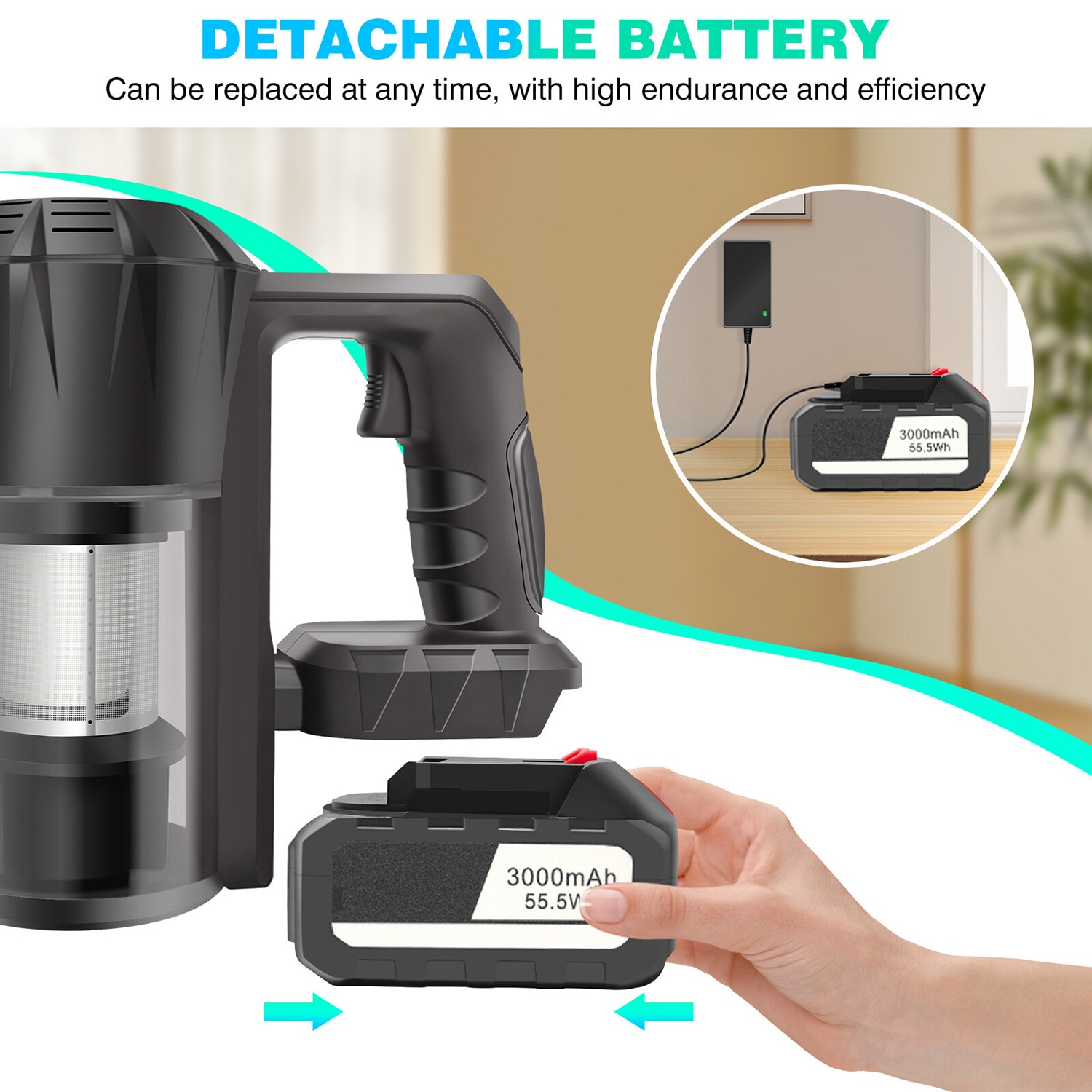 Aspirator vertical fara fir, Bedee, 200W, 2in1: aspirator vertical sau de mana, Putere de aspirare mare, Perie cu iluminare LED, Sistem filtrare ciclonic, 3000mAh, 30kPa, Filtru detasabil, Elimina Praful, Bacterii, Par de Animale si Anticarienii, Negru