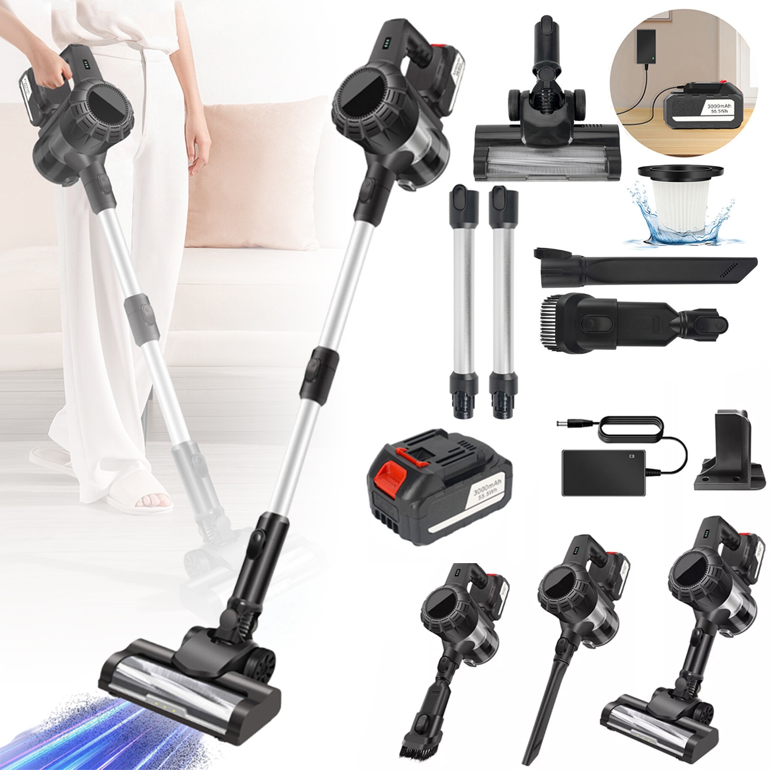 Aspirator vertical fara fir, Bedee, 200W, 2in1: aspirator vertical sau de mana, Putere de aspirare mare, Perie cu iluminare LED, Sistem filtrare ciclonic, 3000mAh, 30kPa, Filtru detasabil, Elimina Praful, Bacterii, Par de Animale si Anticarienii, Negru