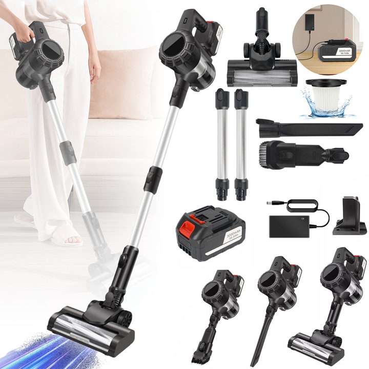 Aspirator vertical fara fir, Bedee, 200W, 2in1 vertical sau de mana, Putere de aspirare mare, Perie cu iluminare LED, Sistem filtrare ciclonic, 3000mAh, 30kPa, Filtru detasabil, Elimina Praful, Bacterii, Par de Animale si Anticarienii, Negru