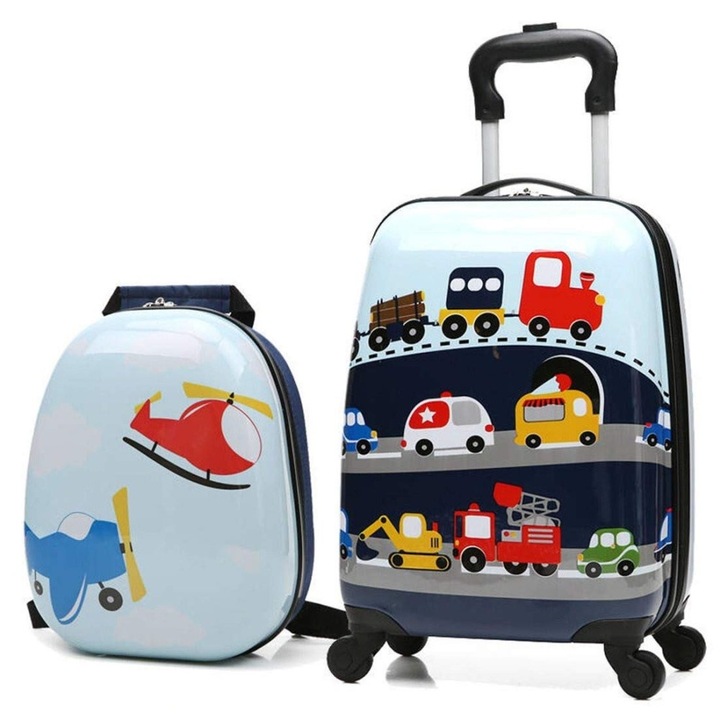 Set troller si rucsac pentru copii, Marko, model vehicule, multicolor, 29x46x23cm/24.5x34x12.5cm