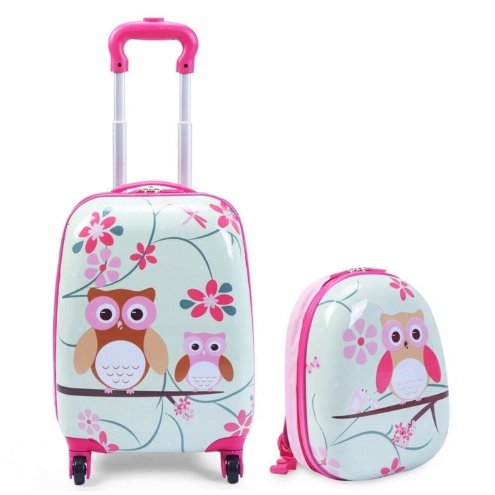 Set troler si rucsac, design bufnita, multicolor, 29x46x23cm / 24.5x34x12.5cm