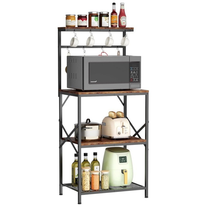 Raft de bucatarie UWOT pentru coacere, din metal si lemn, Maro vintage, raft mic de patru etaje pentru cafenea, cu 8 carlige in forma de S, rafturi reglabile/picioruse, raft independent pentru depozitarea aparatelor de bucatarie, 53 x 37 x 125.5 cm
