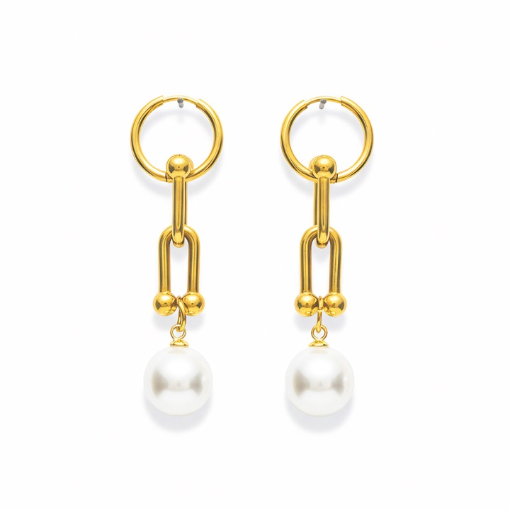 Cercei dama, cu perle, auriu/alb