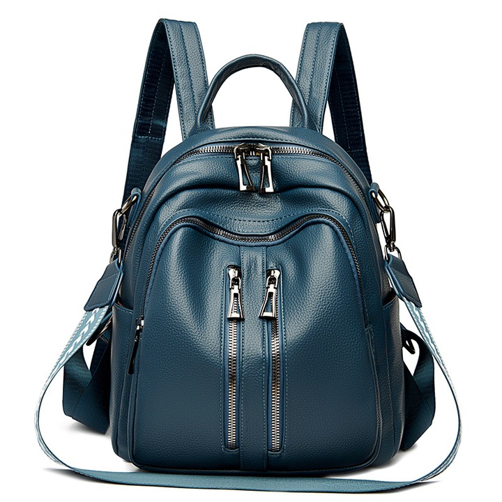 Rucsac dama, piele moale, capacitate mare, albastru, 24x12x28cm