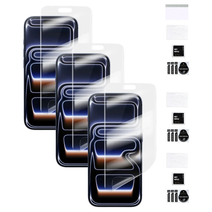 3X Folie protectie hidrogel pentru Apple iPhone 17 Pro/17/16 Pro, transparent, 0.13mm, set de 3 bucati