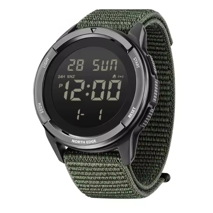 NORTH EDGE TERRAX Digitális Sportóra Férfiaknak, Vízálló 50M, Stopper, Időzítő, Kettős Idő, Ébresztő, LED Világítás, Zöld Nylon Szíj
