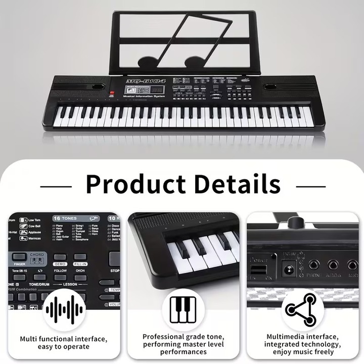 Elektronikus orgona, Bedee, 61 billentyű, multifunkcionális, kis mikrofon + kottatartó, LCD kijelzővel, USB kábellel és alacsony feszültségű tápellátással, kompakt zongora utazáshoz, stúdióba, 61x20cm, fekete