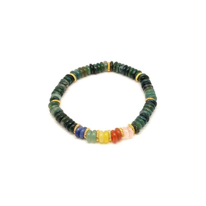 Achát moha ásvány karkötő 5 korong köves díszítéssel 6×2 mm