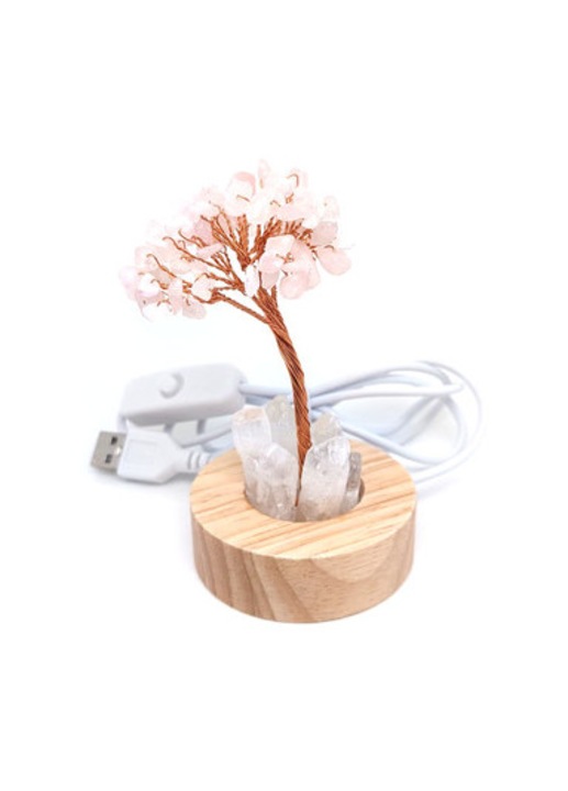 Lámpa fa talpas USB rózsakvarc hegyi életfa 6cm