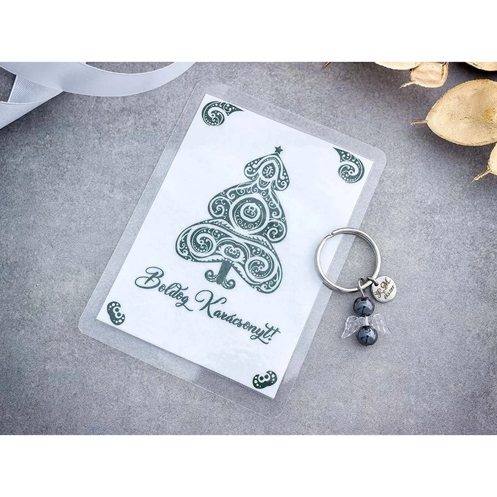 Varázslatos hematit angyal kulcstartó Karácsonyi üdvözlettel