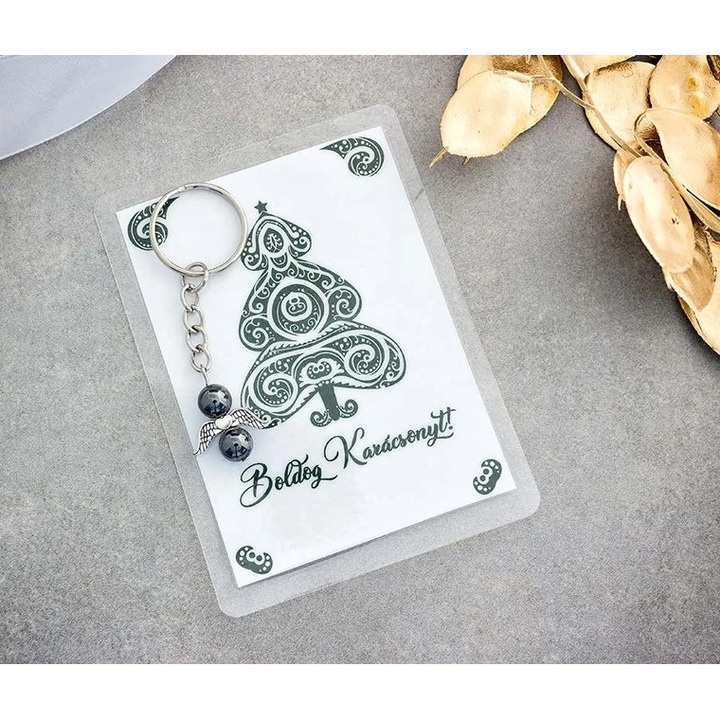 Védőangyal hematit kulcstartó Karácsonyi üdvözlettel