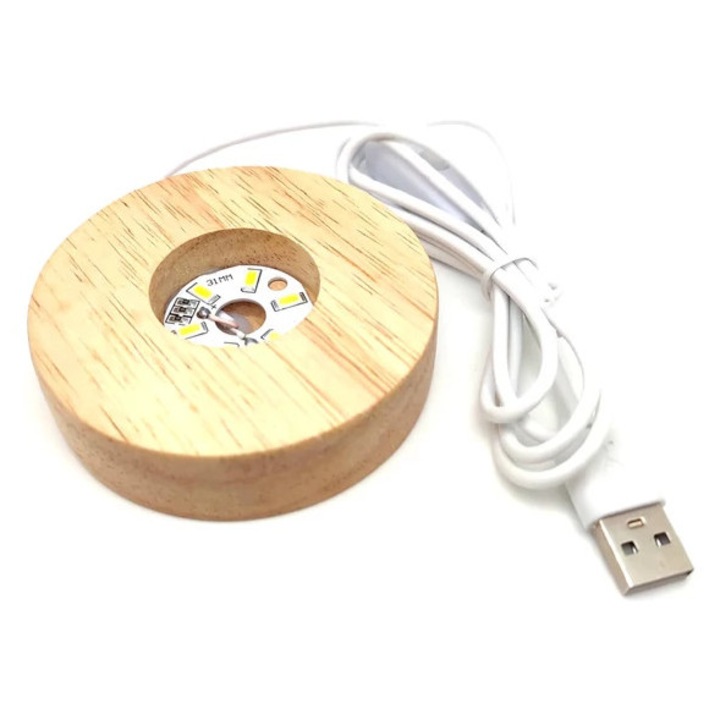 Lámpa fa talpas fehér USB 8cm