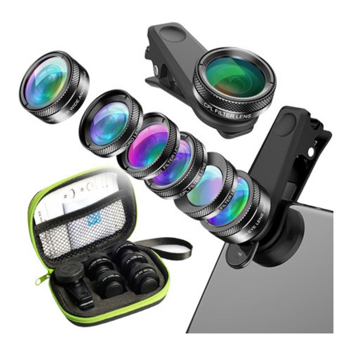 Set de obiective pentru smartphone APEXEL APL-DG6V2, 6 obiective, macro 25x, fisheye 205, culori: multicolor, dimensiuni etui 13x10x4cm