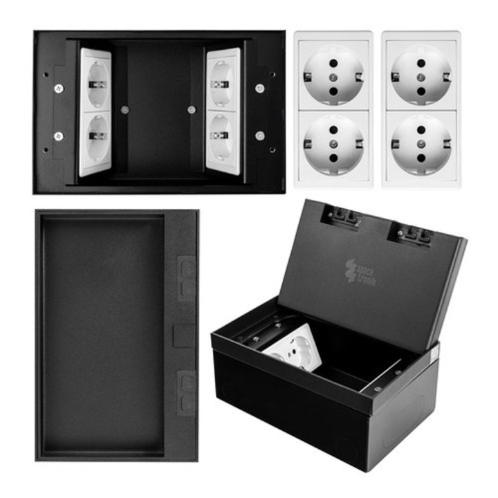 Gniazdo de podea Spacetronik, 4 gniazda Schuko, metal, negru, 20x13x8,5cm