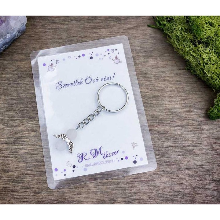 Szeretlek Óvó néni kulcstartó rózsakvarccal
