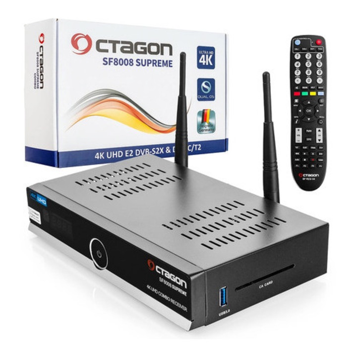 Receiver satelit si cablu Octagon SF8008 V3 Supreme, 4K UHD, Dual OS, Wi-Fi 1200, 220x125x40mm, set complet