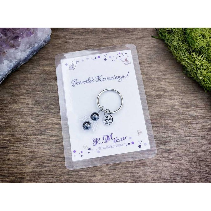 Szeretlek Keresztanya kulcstartó hematittal