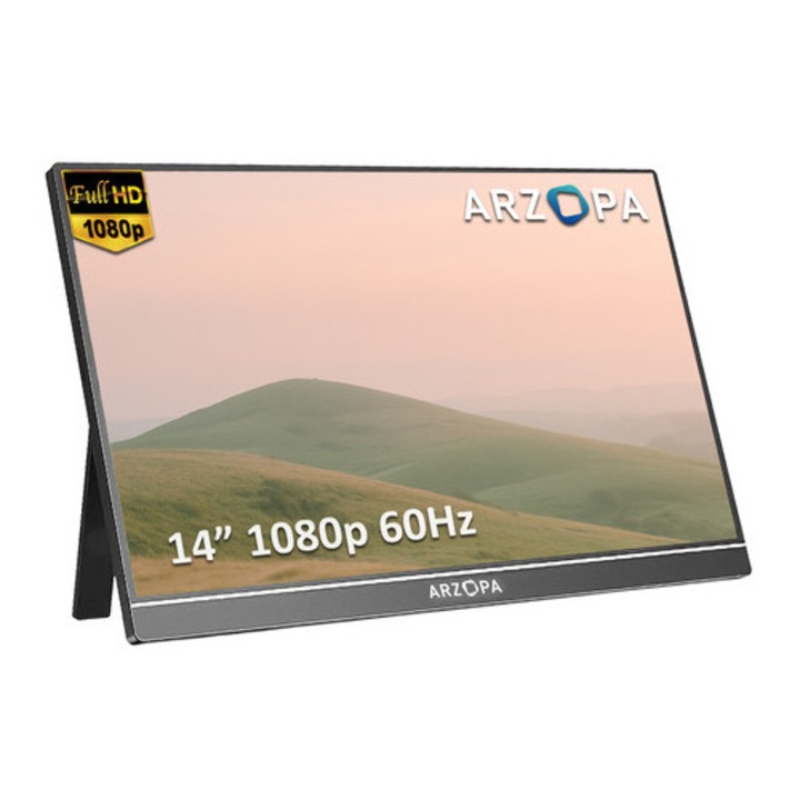 Monitor portabil 14" Arzopa A1S Full HD 1920x1080, IPS, 2x USB-C, mini HDMI, argintiu, 7,6mm