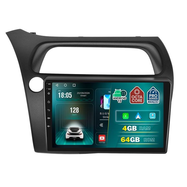 Navigatie Honda Civic VIII (2006-2011) dedicata, MaxTech® PRO SERIES, 4 GB Ram 64 GB Rom OctaCore, Carplay & Android auto, Ecran 9 ” HD Touch, GPS, Wifi, EQ, Bluetooth, Radio, Waze, Youtube